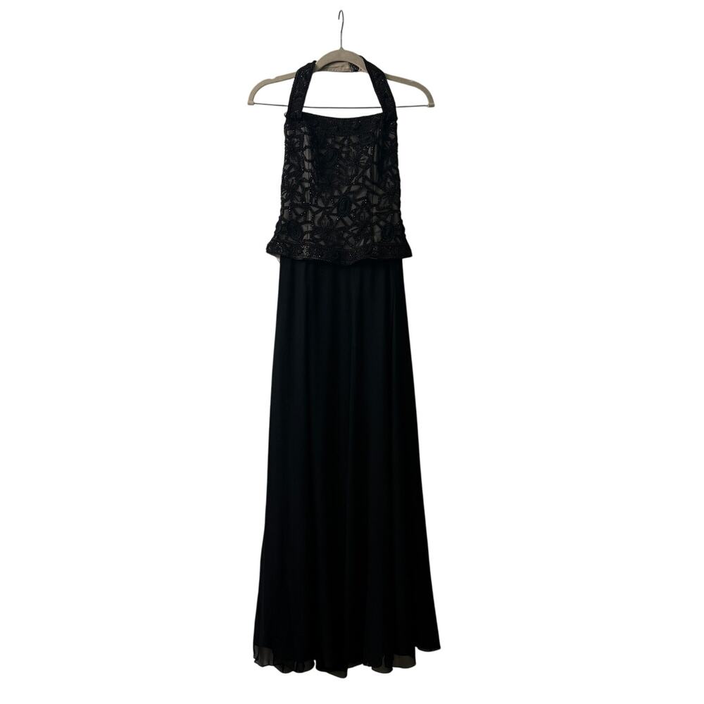 Vintage 1990s 90s Diane Freis Black Beaded Halter Dress Gown